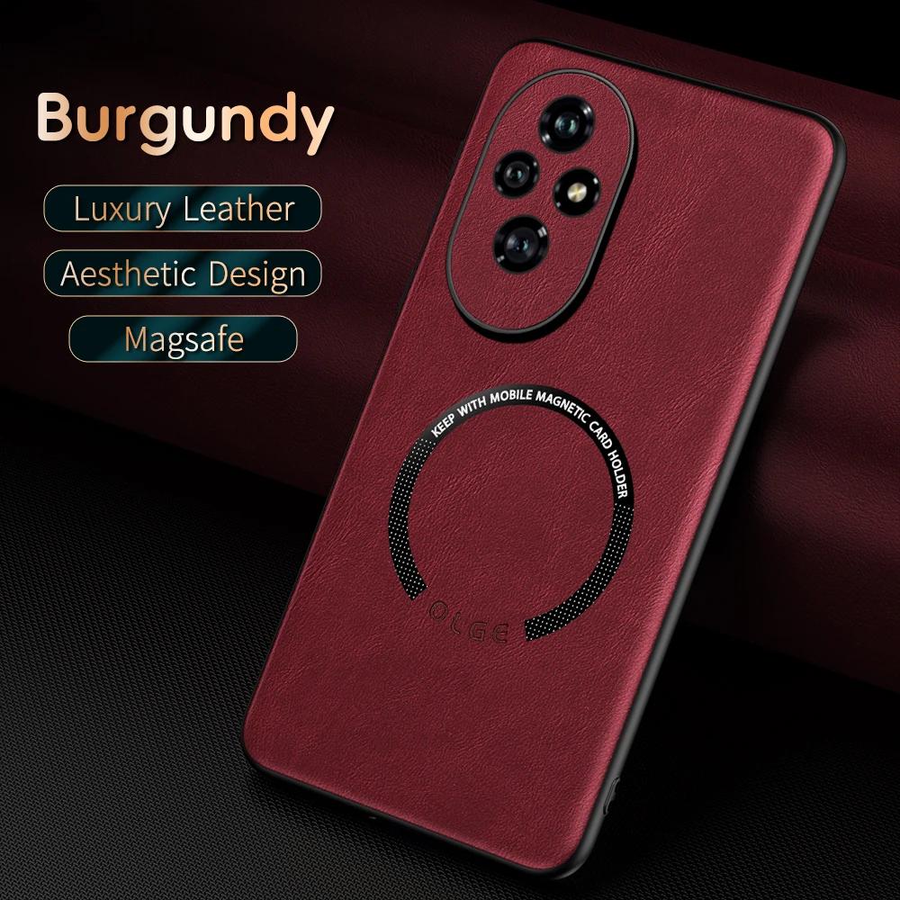 OLGE Luxury Texture Classic Leather Case for Huawei Honor 200 Support Car Mount Magnetic Stand Wireless Charging Protective Case