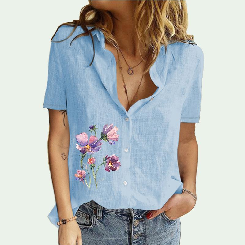 Damenmode Reverskragen T-Shirt Sommer&Herbst Casual Print Kurzarm T-Shirt Top Weibliche Print Bluse Baumwolle Leinen Cardigan T-Shirt