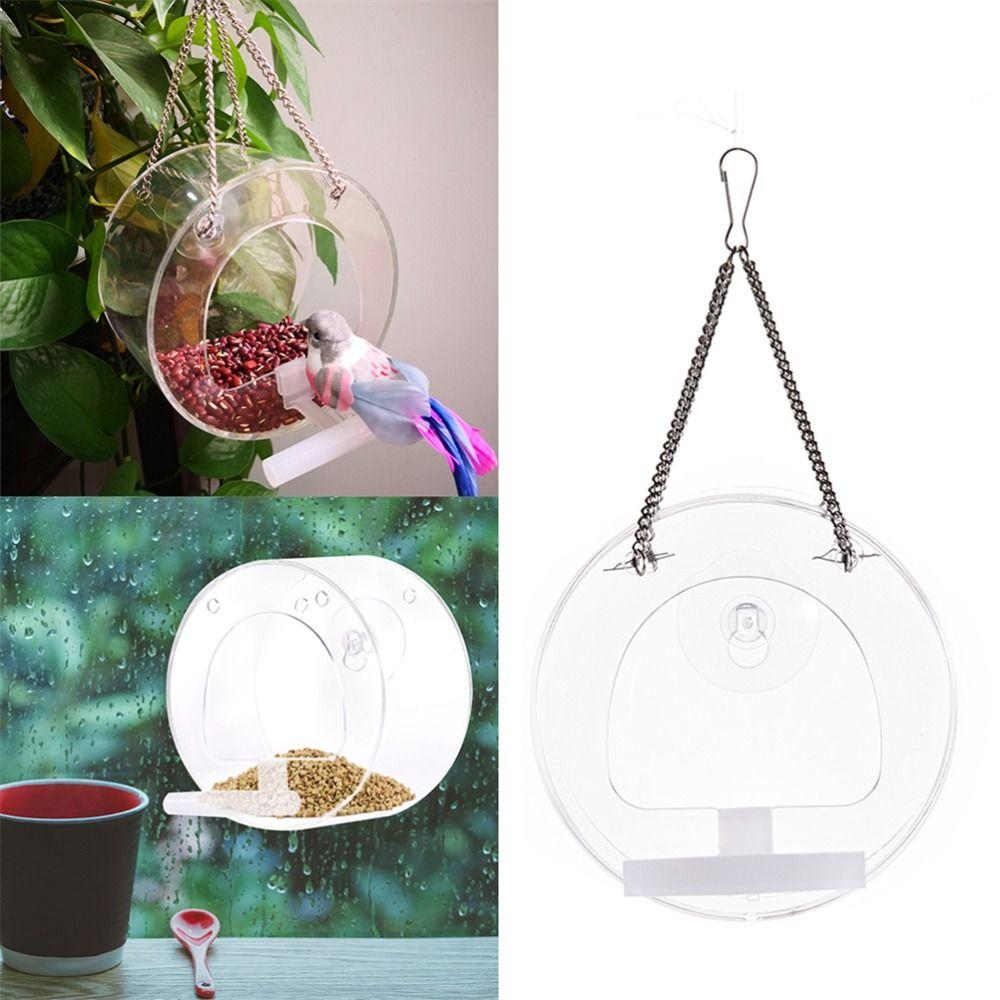 Clear Acrylic Window Bird Feeder Strong Suction Cup Chain Bird House Transparent Round Hanging Bird Feeder