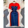 Internet Celebrity Niche Style Patchwork Denim Dress round Neck Short Sleeve