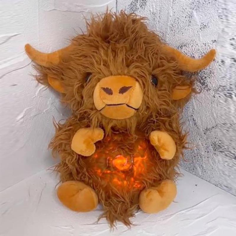 Highland Cow Ease Anxiety Sleep Aid Stuffed Toy Musical Light Rhythmic Breathing
