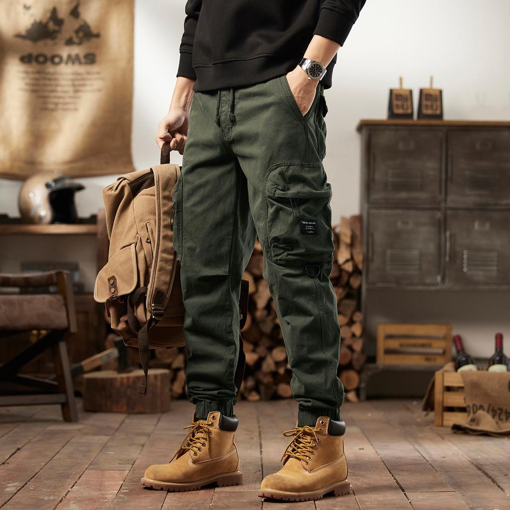 New men's American retro trend casual pants outdoor mountain multi-pocket tied feet trendy overalls men's