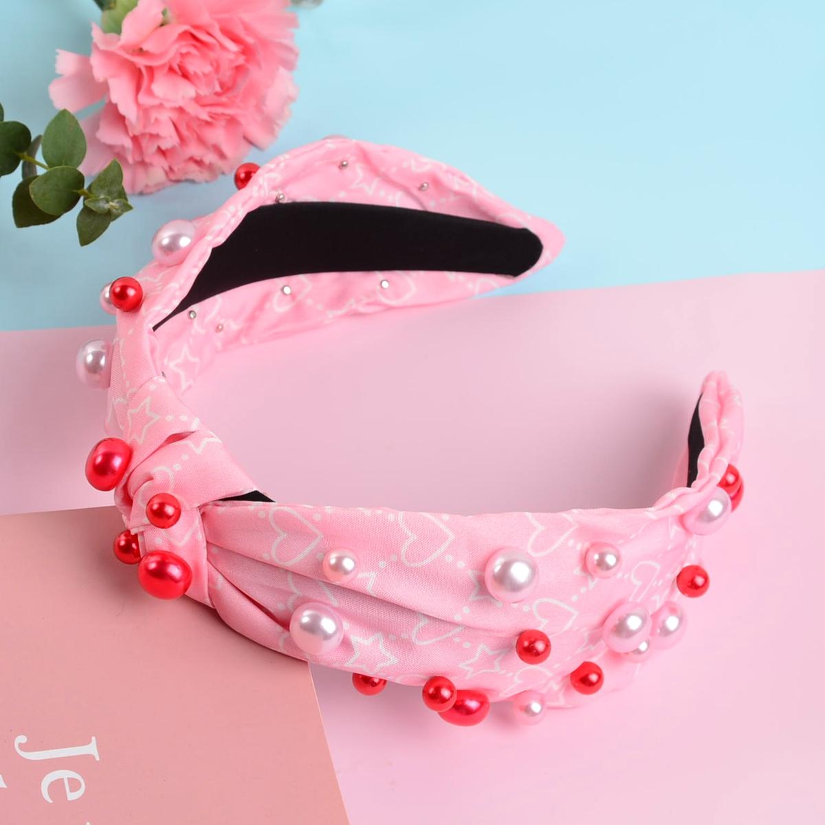 Pink Pearl Fabric Headband Valentine s Day Party Gift Heart Headband Women s Hair Accessory Suitable for Holiday Parties, Valentine s Day O розовый