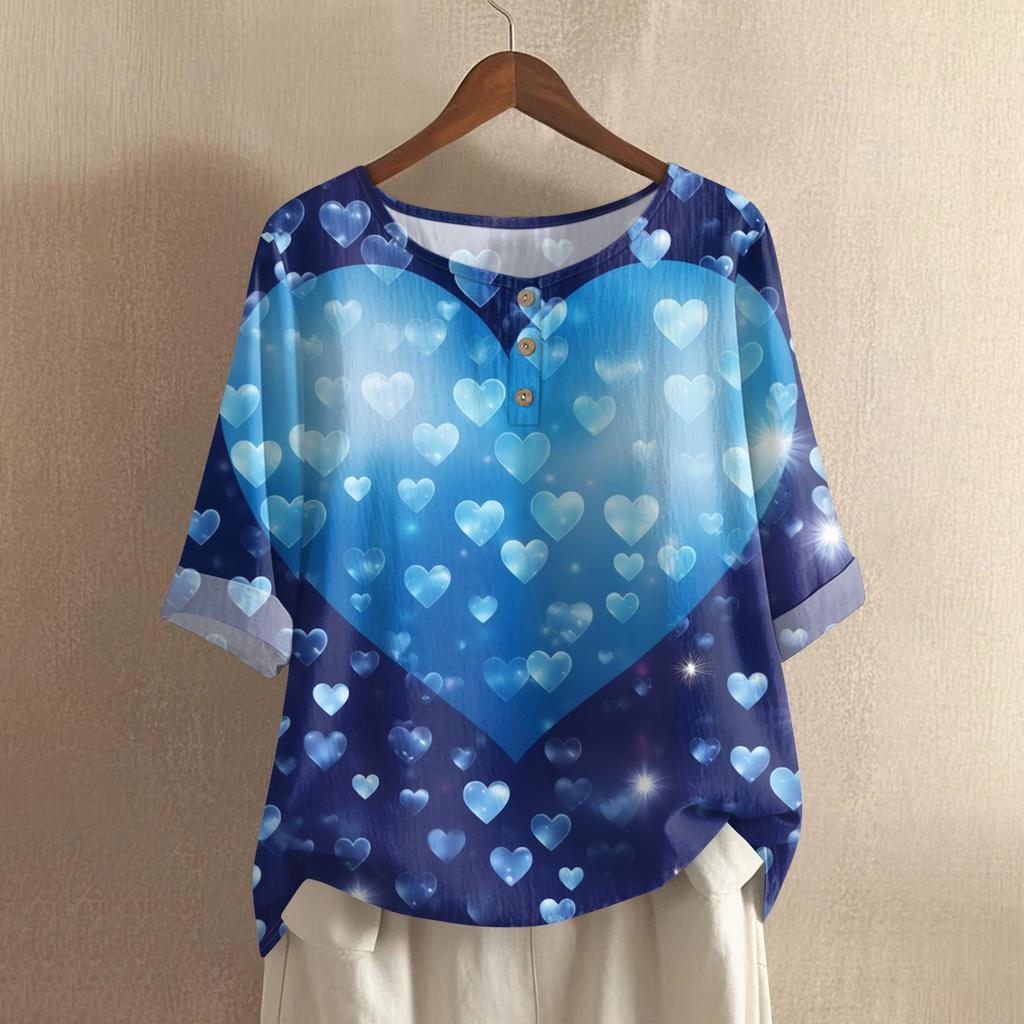 Damska koszulka z nadrukiem na Walentynki, casualowa, z krótkim rękawem, okrągłym dekoltem, z bawełny i lnu