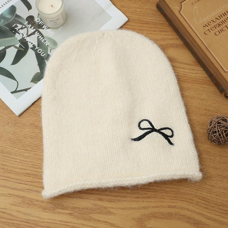 Sweet and Cute Bow Embroidered Drawstring Cold Hat Autumn and Winter Fashion Versatile Pullover Hat Windproof and Warm Wool Hat Korean