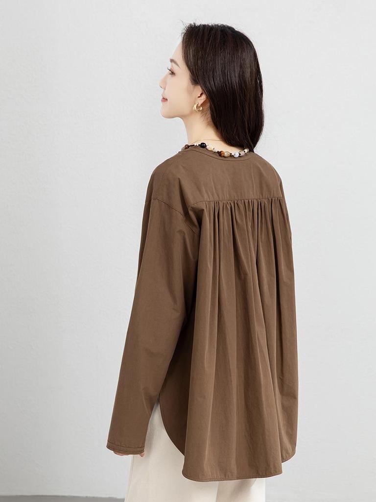 Xin Ge Cotton Loose Casual Long Sleeve Shirt with Beaded Collar