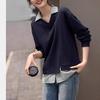 Women's Long Sleeve Sweatshirt Polo Collar Elegant Casual Top Contrast Color Splicing Pullover