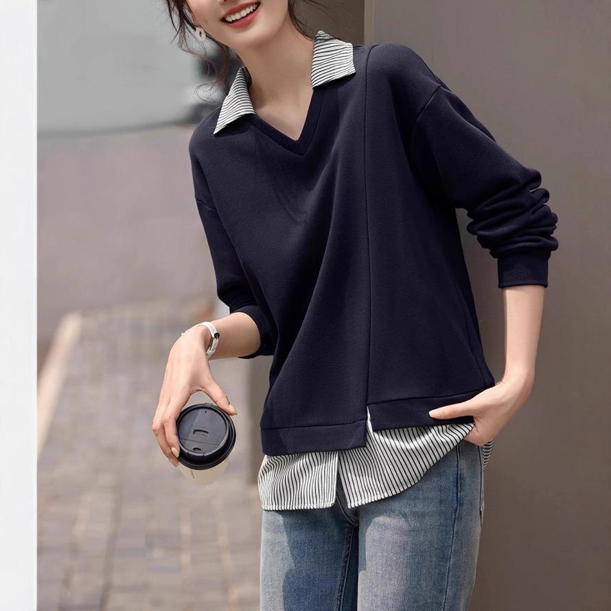 Women's Long Sleeve Sweatshirt Polo Collar Elegant Casual Top Contrast Color Splicing Pullover