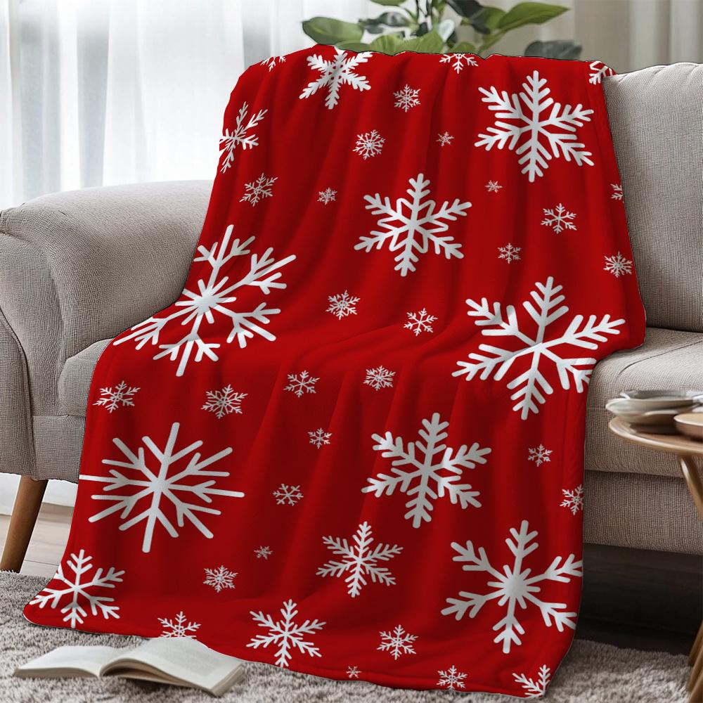 White Snowflake Print Throw Blanket - Festive Winter Holiday Motif Soft Lightweight Accent for Sofa Bed Travel Office Gift