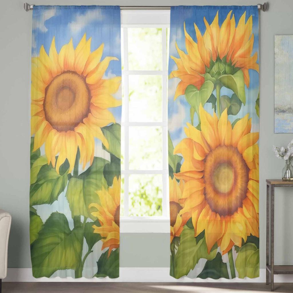 Flower Illustration Sunflowers Summer Retro Tulle Window Curtains for Bedroom Luxury Home Drapes In Living Room Chiffon Panels