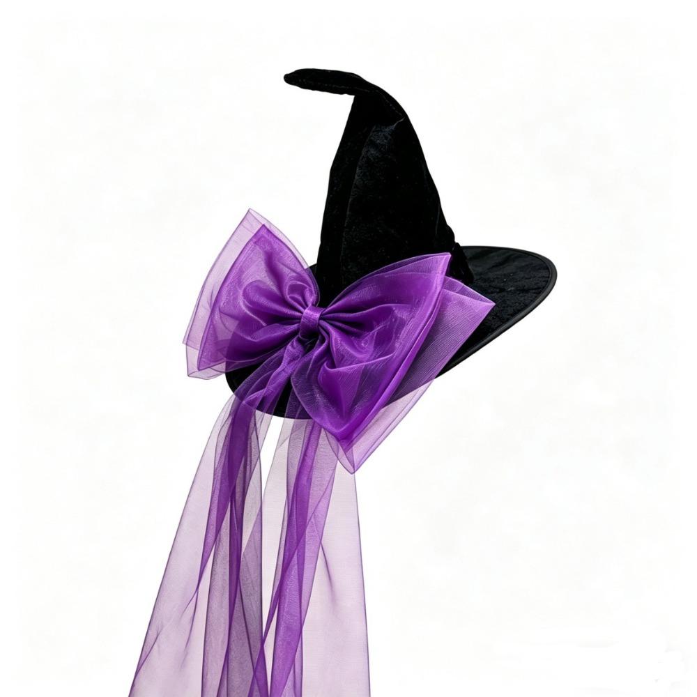Mesh Yarn Witch Hat Lace Fabric Velvet Material Pointy Hat Detachable Bow Organza Bow Wizard Hat Costume Accessories