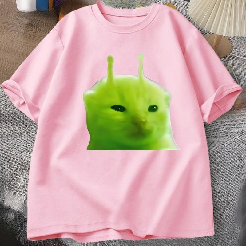 T-shirt Chat Alien Vert Femme Unisexe Chat Meme Tee Glorp Gnarp Cerveau de Chat T-shirt Mignon Rigolo Hauts Courts Manches Courtes en Coton Amples