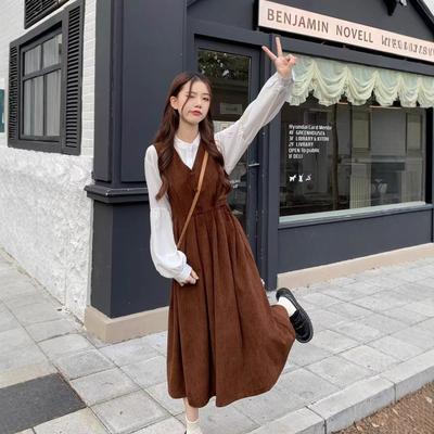 Corduroy Two-piece Autumn Dress Sweet Mori Medium and Long Waist A-shaped Skirt V-neck Strap Dress Women's Suit Skirt
