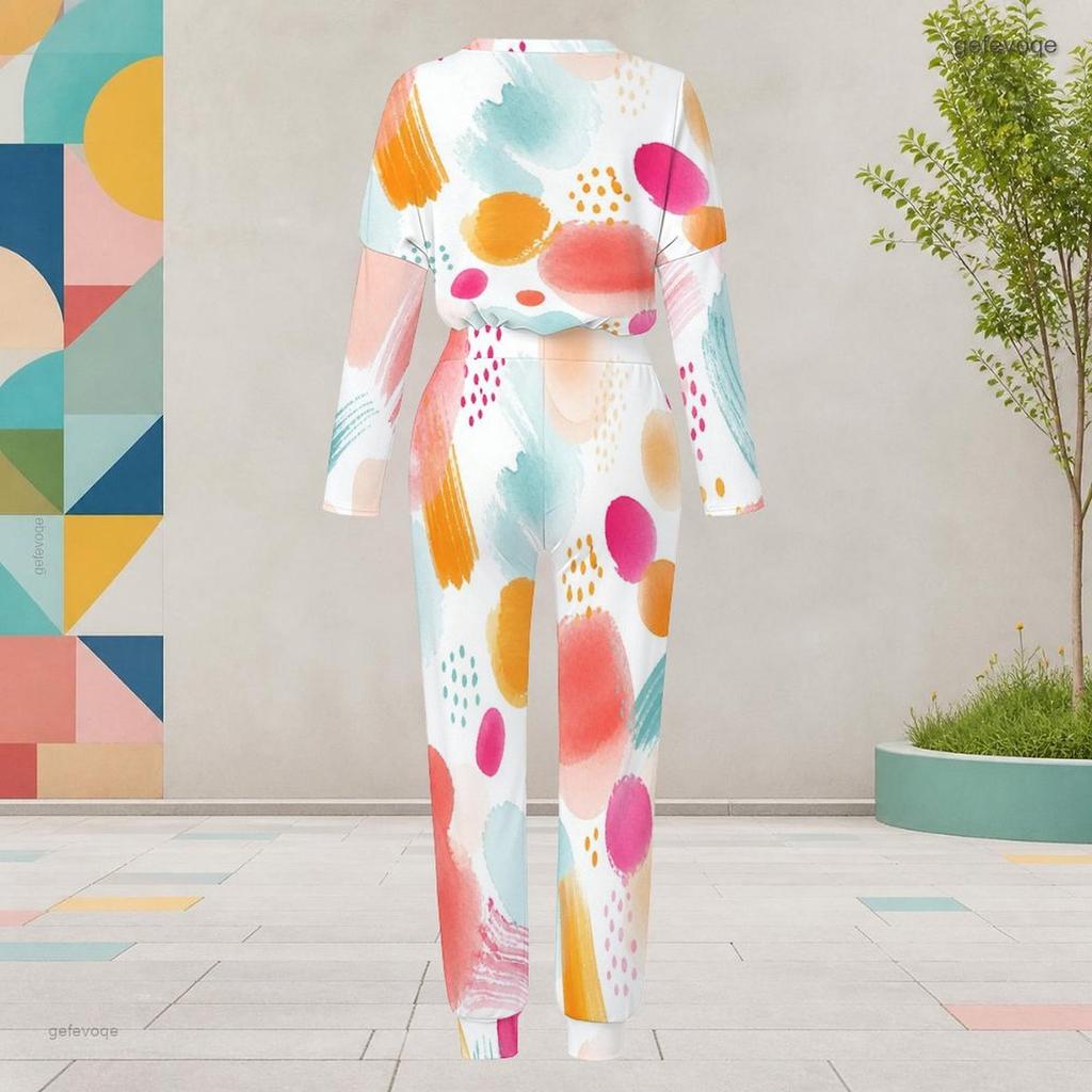 Women Plus Size Colorful Printed Round Neck Long Sleeve Cuffed Top And Pants Two Piece Set