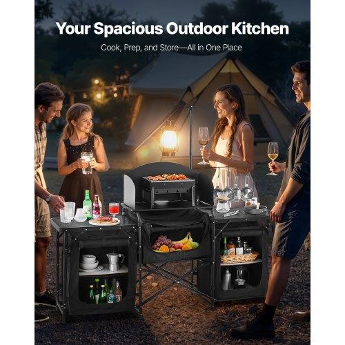 VEVOR Camping Kitchen Table, Outdoor Camp Cooking Table, Aluminum Portable Cook Station with 3 Storage Cupboard, Carrying Bag, Detachable Windscreen
