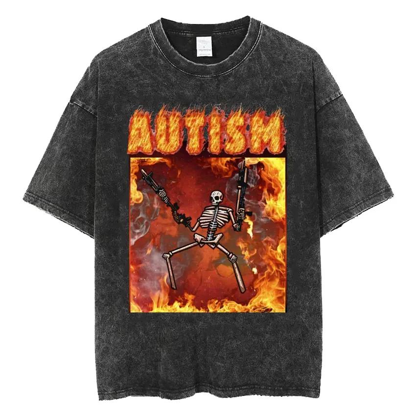 Tricou Meme Schelet Autism Amuzant Craniu Umor Mânecă Scurtă Tricouri Bărbați Femei Vintage Spălat Supradimensionat Bumbac Tricou