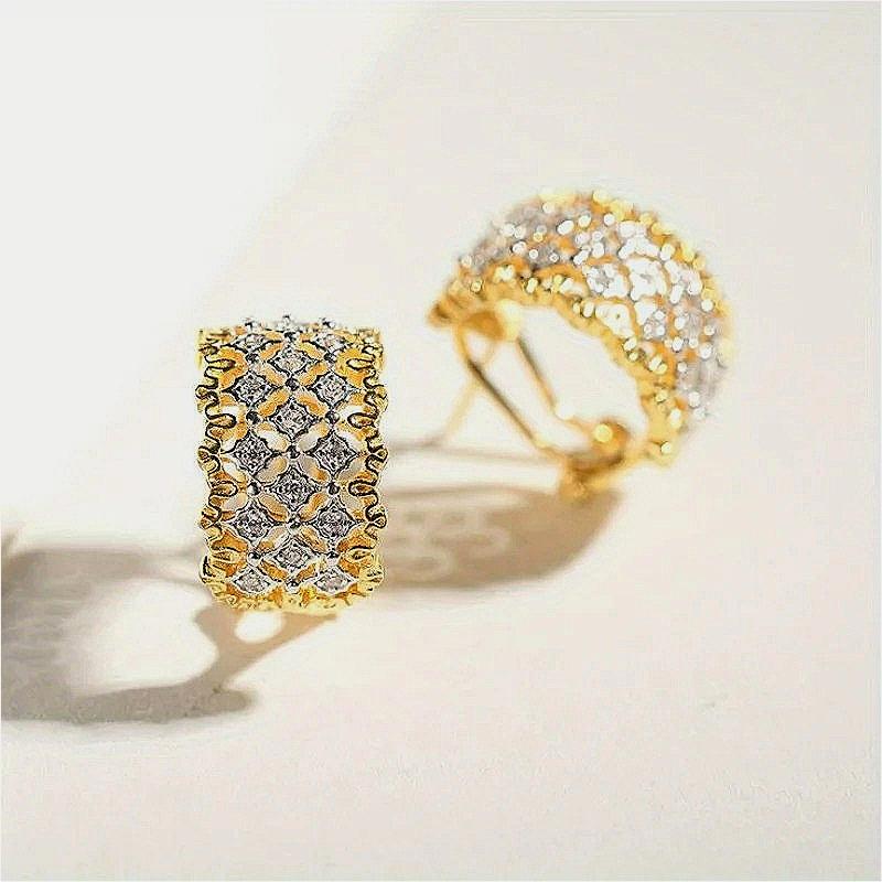 Hollowed Checkered Design Synthetic Zirconia Hoop Earrings Women's Elegant Exquiaite Banquet Wedding Jewelry Accessories