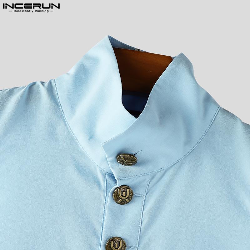 INCERUN Men Stand Neck Sleeveless Buttons Side Splits Irregular Tank Tops