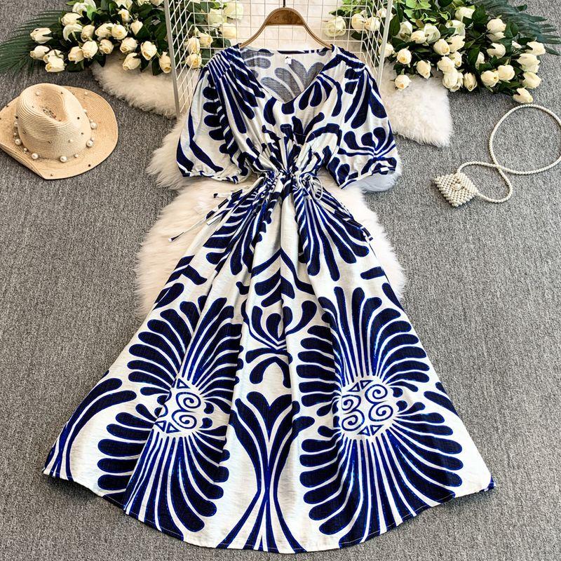 

European and American Print V-neck Loose Dress Women Summer New Drawstring Waist Hugging Slimming Mid-Length A Word Big Hemline Long dress Blue All yards