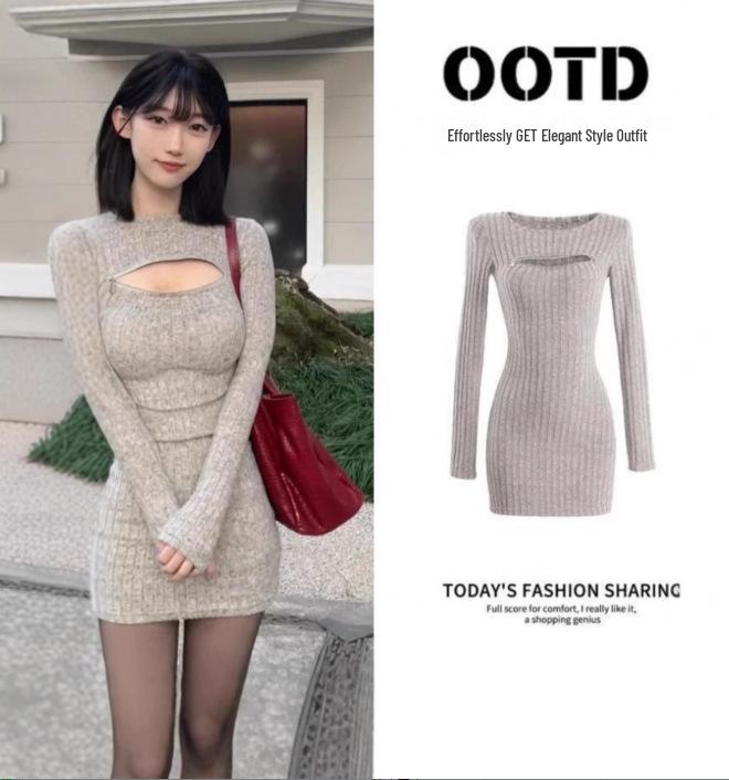 Women s French Slim-Fit A-Line Knit Dress: Autumn Pure Desire Style L