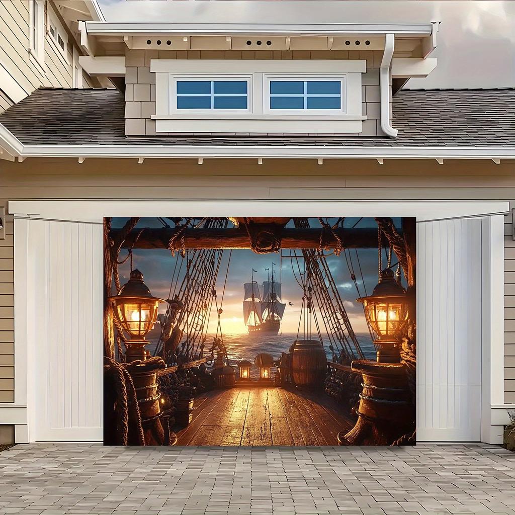 Telo di sfondo con scena di nave pirata al tramonto dorato, striscione per feste in stile retrò, decorazione da esterno