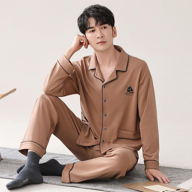 Pajamas Men'S Spring And Autumn Cotton Long Sleeve Autumn Cotton Cardigan Casual Suit Autumn Loungewear