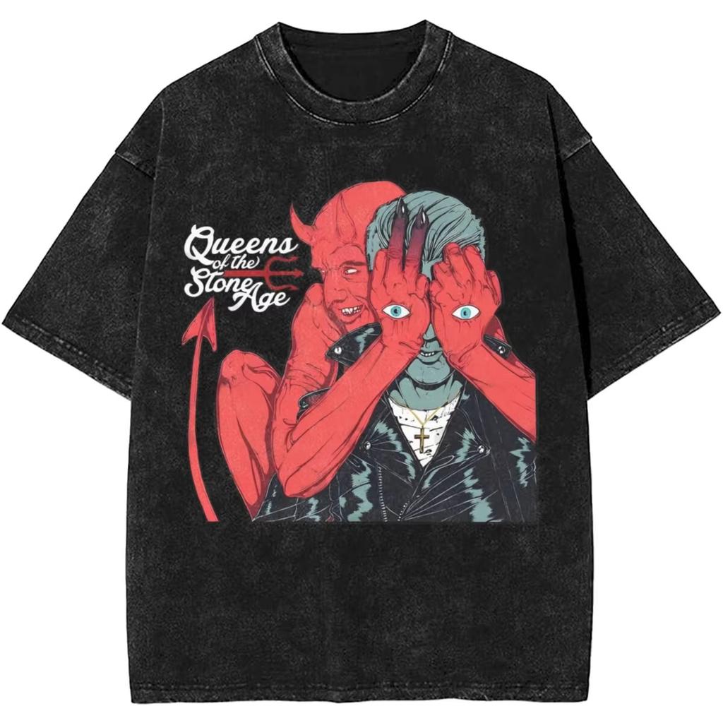 Men T Shirt Queens of The Stone Age Washed T Shirts Harajuku Rock Band Summer Tees Y2K Basic Pattern Casual Tops