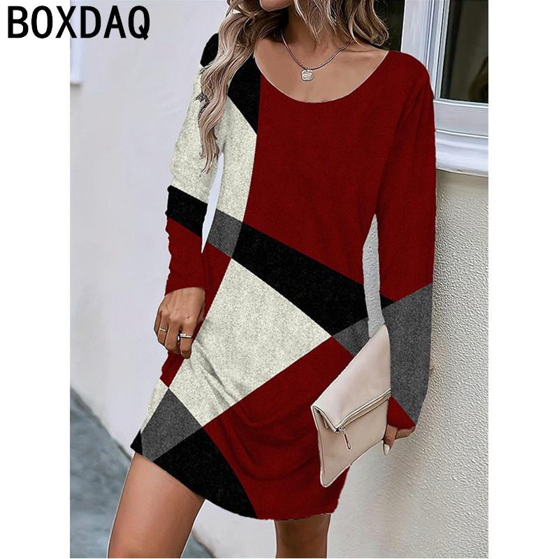 Women Long Sleeve O-Neck Casual Dress 3D Vintage Color Block Splicing Dress Big Size Casual Loose A-Line Dress Vestidos De Mujer