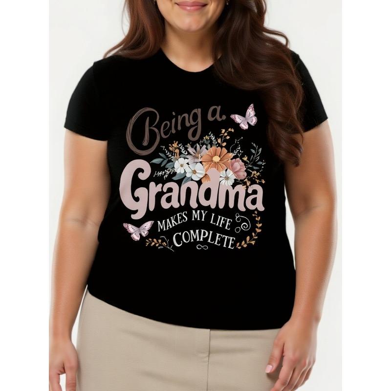 

Women s Plus Size Grandma Print T-Shirt Casual Comfort Crew Neck Short Sleeve Top S чёрный