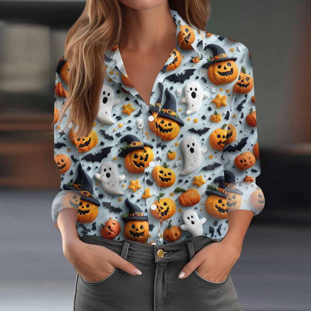 Damen Hemd Bluse Halloween Print Knopf Langarm Lässig Basic Hemdkragen Regulär Top