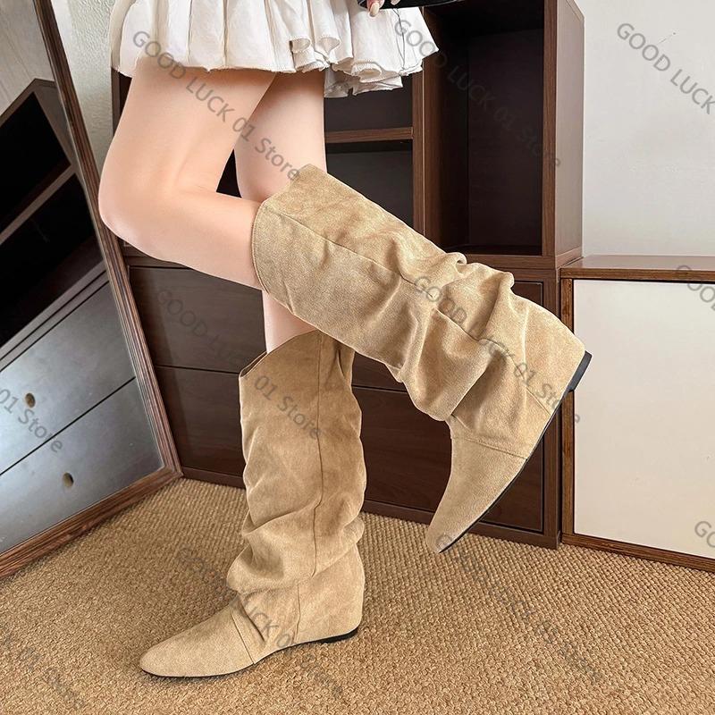 Fashion 2025 Winter Fashion Pleated Woman Knee-High Boots Pointed Toe Internal Elevation Shoes Street Style Mordern Long Botas Mujer