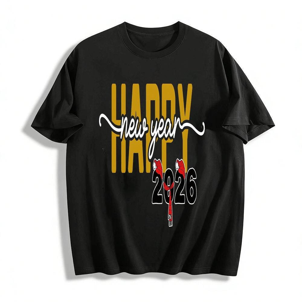 

2026 Happy New Year Print Casual Tee Festive Vibe Holiday Top Pure cotton T-shirt XXS