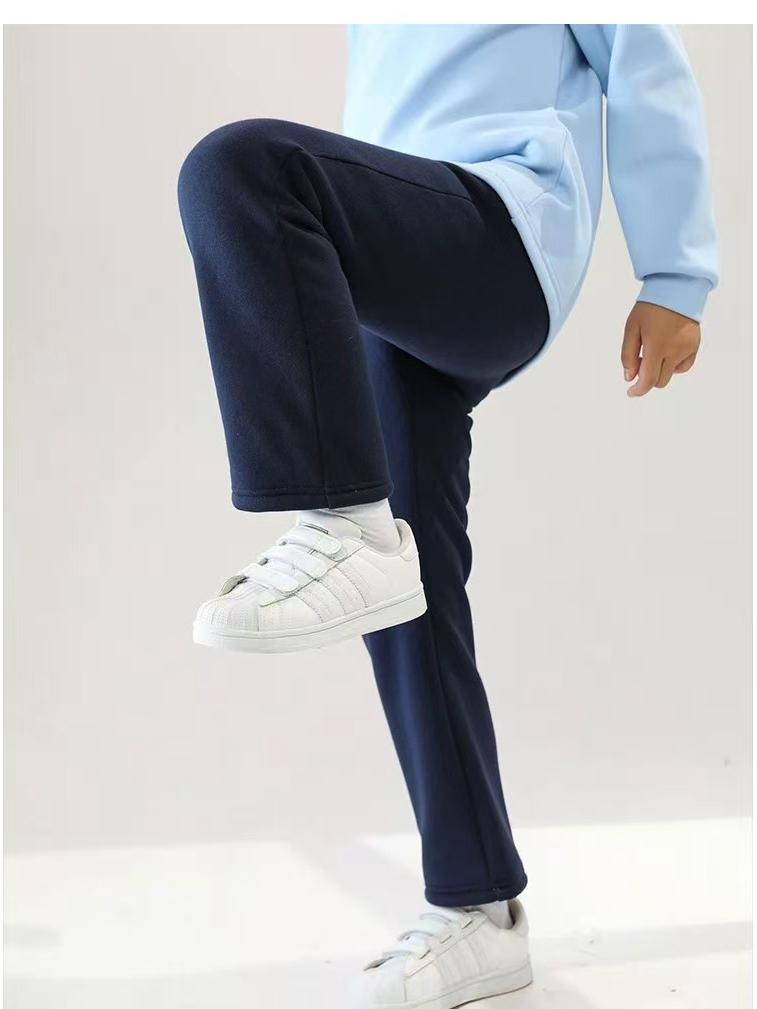 Kids' Navy Blue Sports Pants with Plush Lining, Autumn-Winter School Uniform, Loose Fit, Straight Leg for Boys and Girls
