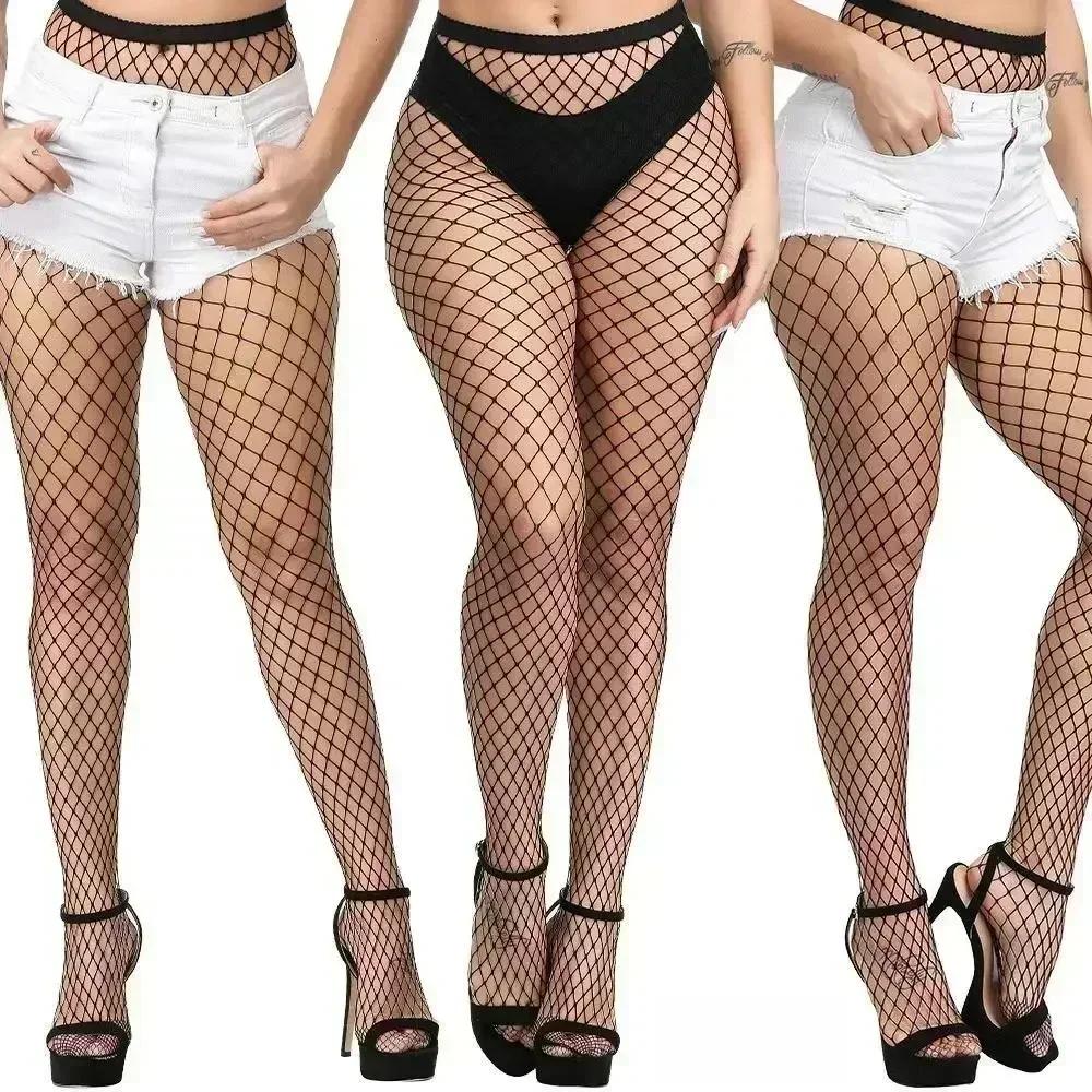 Freeauce Oversize Women Plus Size Black Lace Top Stay Up Anti-Slip Over Thigh Knee High Elastic Sexy Fishnet Long Sock Stockings
