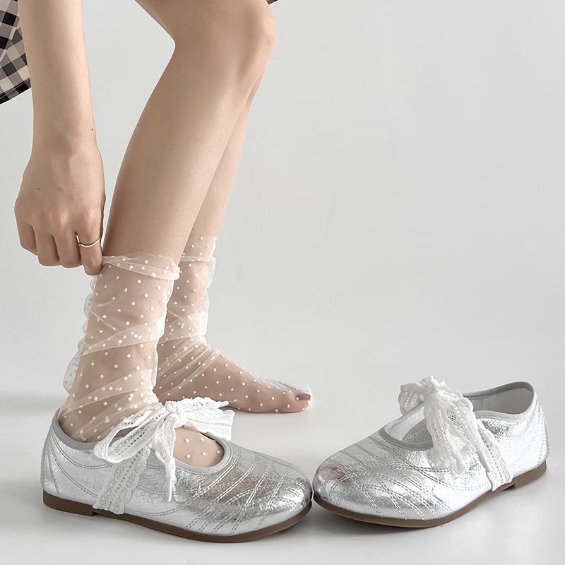 Silver ballet style round head inner height increase flat bottom shallow mouth single shoes women's summer 2025 new versatile French Mary Jane shoes