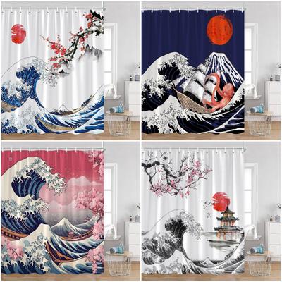 Japanese Style Shower Curtains Fuji Mount Great Waves Bamboo Red Sun Bathroom Curtain Japan Fabric Home Decorations for Bathtub