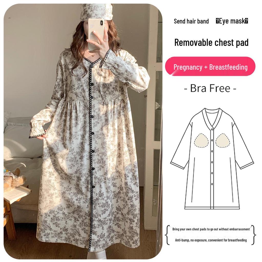Plus Size Maternity Nightgown with Breast Pads for Postpartum, Spring, Summer, Autumn; Comfortable Labor Dress for Pregnant Women