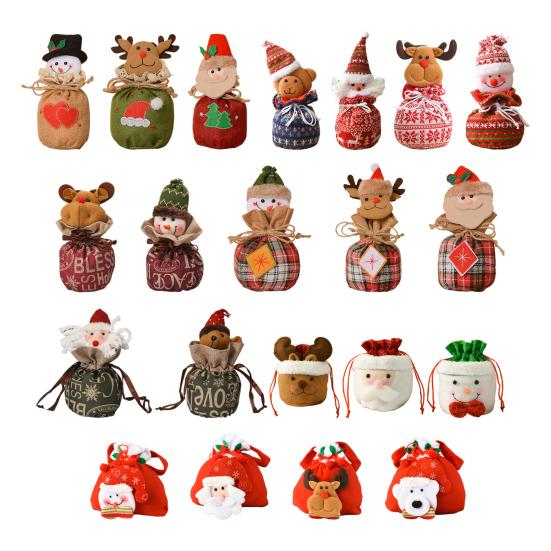 Christmas Drawstring Gift Bag 3D Plush Reindeer Santa Snowman Fruit Sacks Reusable Fabric Candies Goodie Storage Bag for Xmas Party Favors