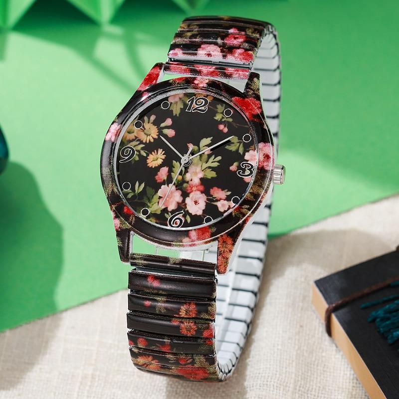 Montre Mode Couleur Imprimée Bracelet Élastique Montre Dame