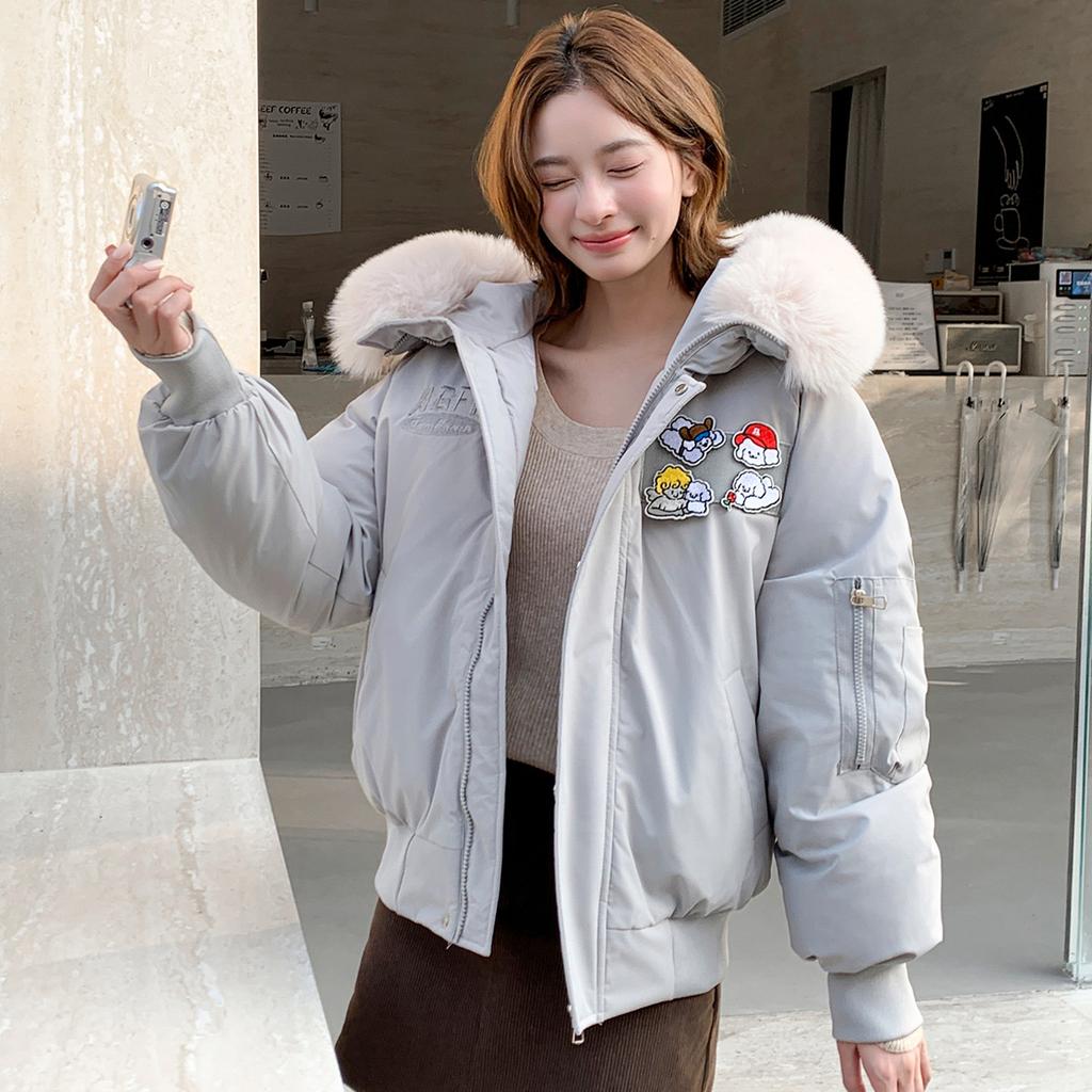 Short cartoon cotton clothes women's hooded big fur collar design winter loose warm jacket multi-colored women's clothing