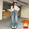 Kids Winter Thermal Patches Jeans Cherry Girls Loose Straight Insulated Denim Trousers Children Warm Fleece Pants