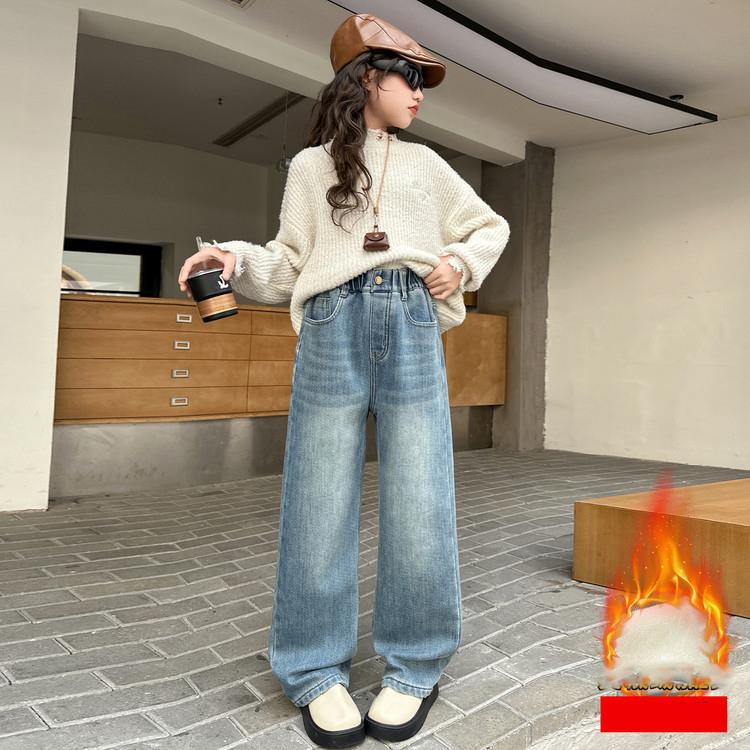 Kids Winter Thermal Patches Jeans Cherry Girls Loose Straight Insulated Denim Trousers Children Warm Fleece Pants