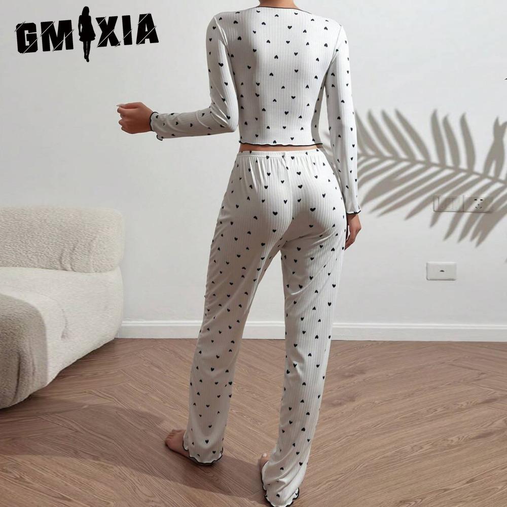 GMXIA Homewear Love Print Long-sleeved Lapel Pyjamas Women Can Be Worn Outside Trousers Two-piece Set