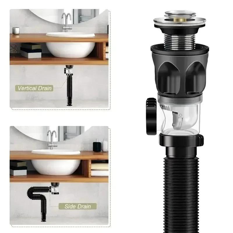 Universal Flip Stainless Steel Washbasin Sink Drainage Pipe Kitchen Bathroom Wall Mount Anti Odor Drain Pipe Rust-proof