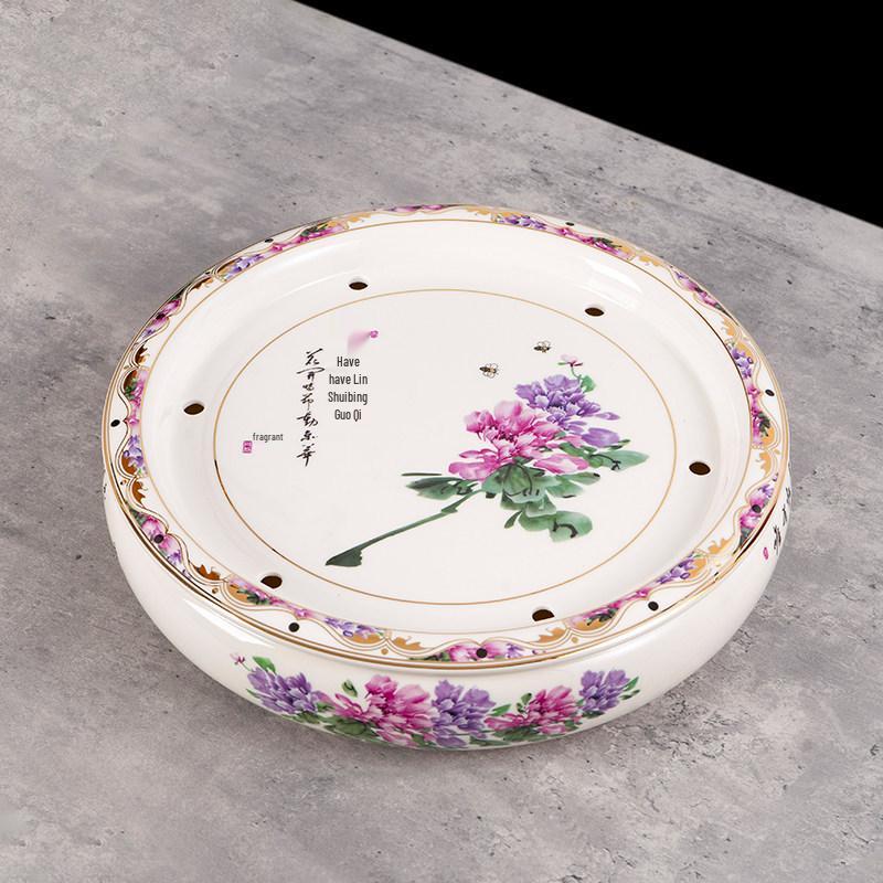 14-inch Ceramic Round Tea Tray for Gongfu Tea, with Double-Layer Water Storage
