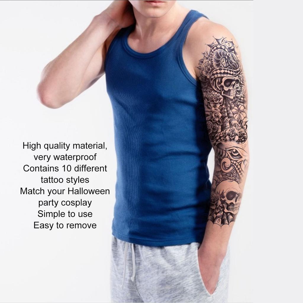 10pcs Fake Tattoo Stickers Temporary Waterproof Skull Pattern Full Arm Tattoos for Halloween