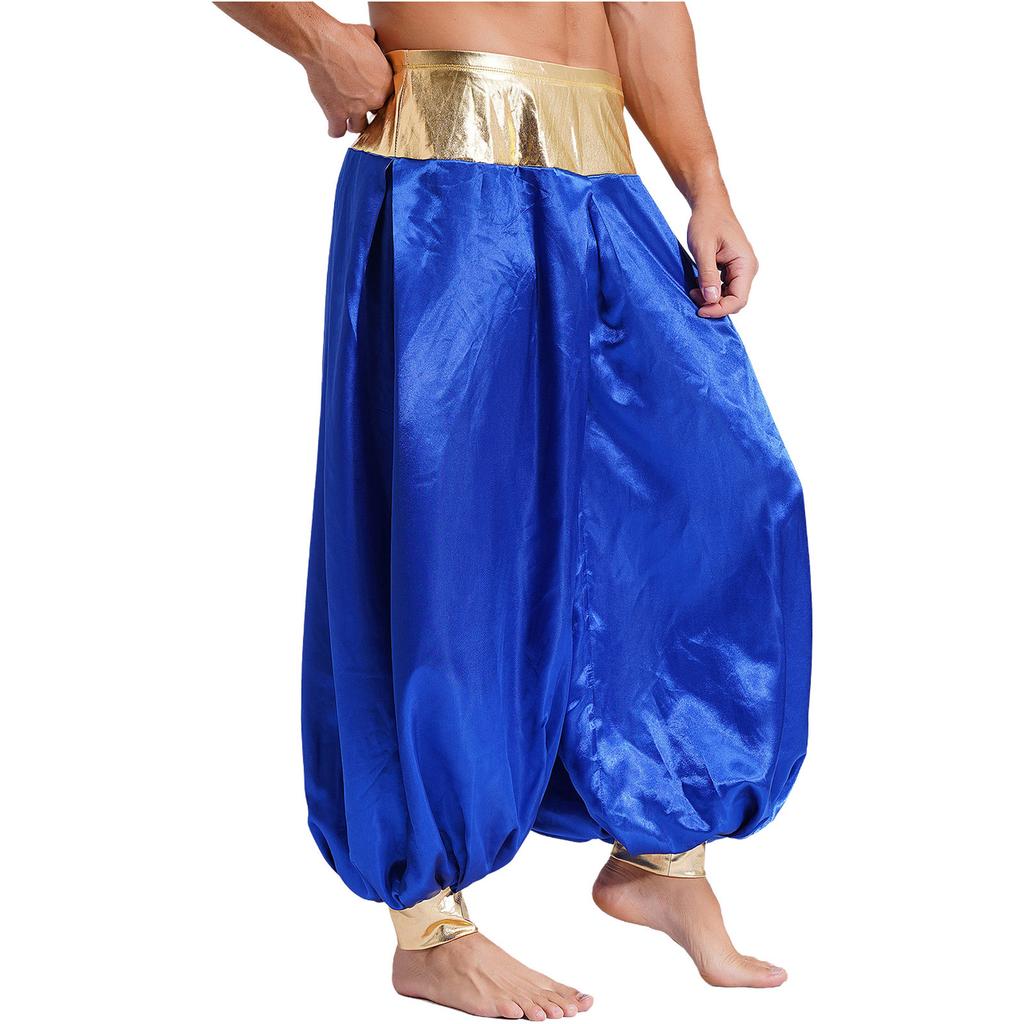 Mens Magical Hippie Harem Pants Metallic Shiny Patchwork Lantern Style Long Pants Arabian Prince Cosplay Costume