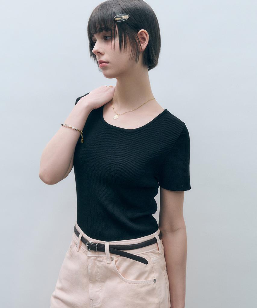 MONGDOL Ribbed Round Neck Short Sleeve Knit Mdkt075_8 Colors