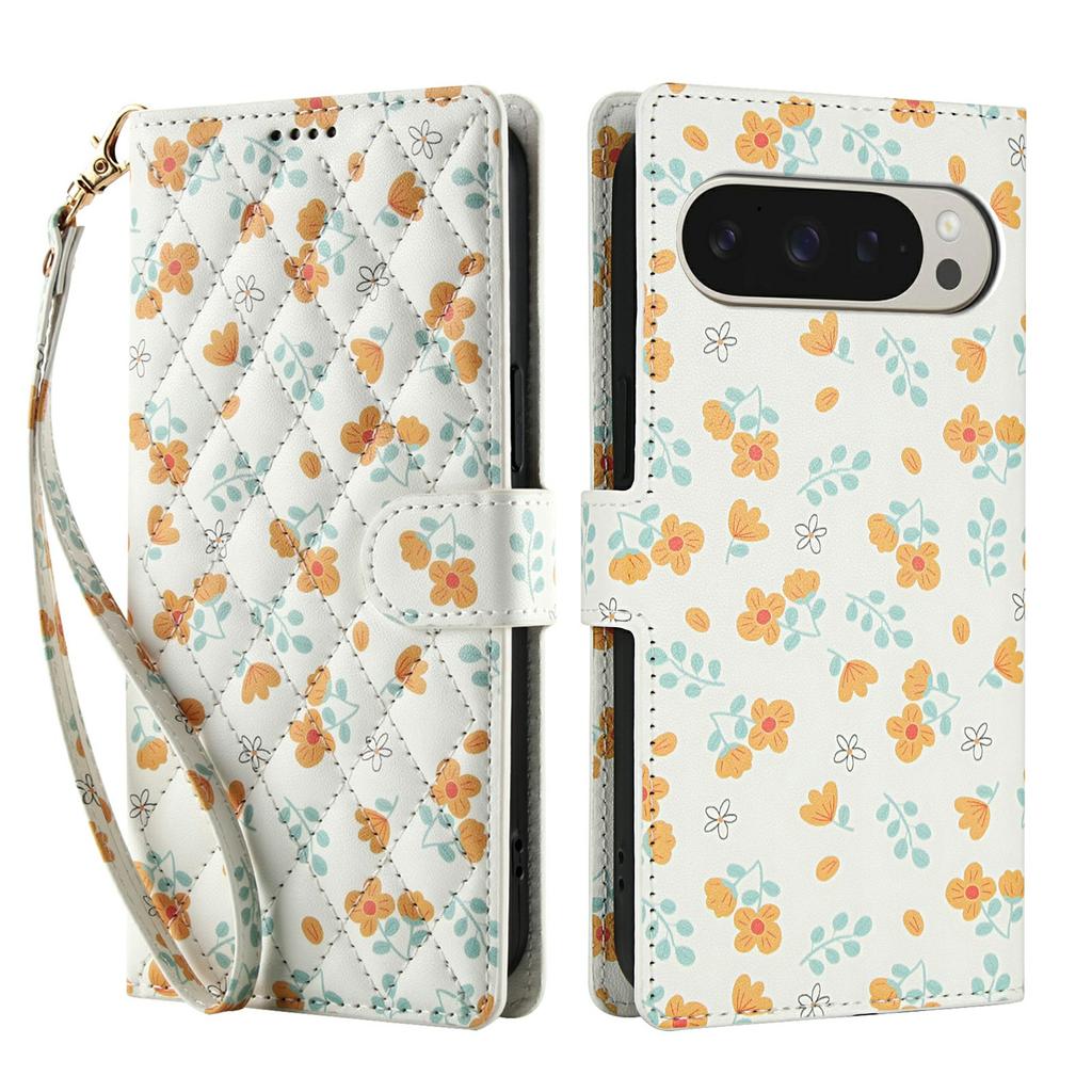 For Google Pixel 10 Pro XL/9 Pro XL Wallet Case Rhombic Floral Design Leather Flip Phone Cover with Strap