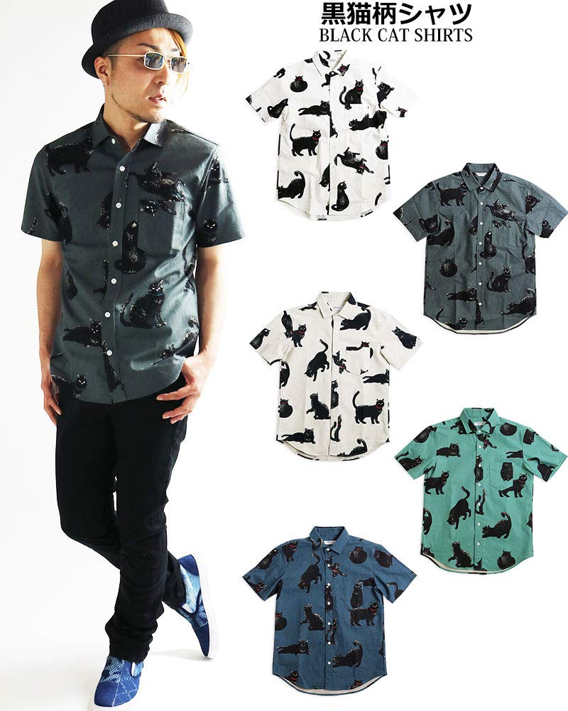 Quintet Casual Black Cat Print Short Sleeve Made in Size White Men's Shirt, Japan, M, (Product Code 01-79416-s)